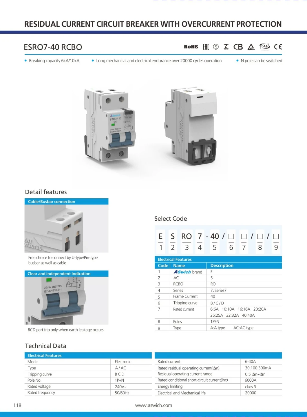 CE Certificates Aswich Residual Current RCBO 2 Pole AC Electronics Miniature Circuit Breaker Device 6A-40A