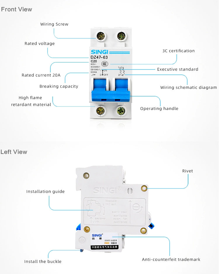 Manufacture Air Low Voltage Circuit Breakers Singi 3p 4p Electric Breaker DC Dz47-63