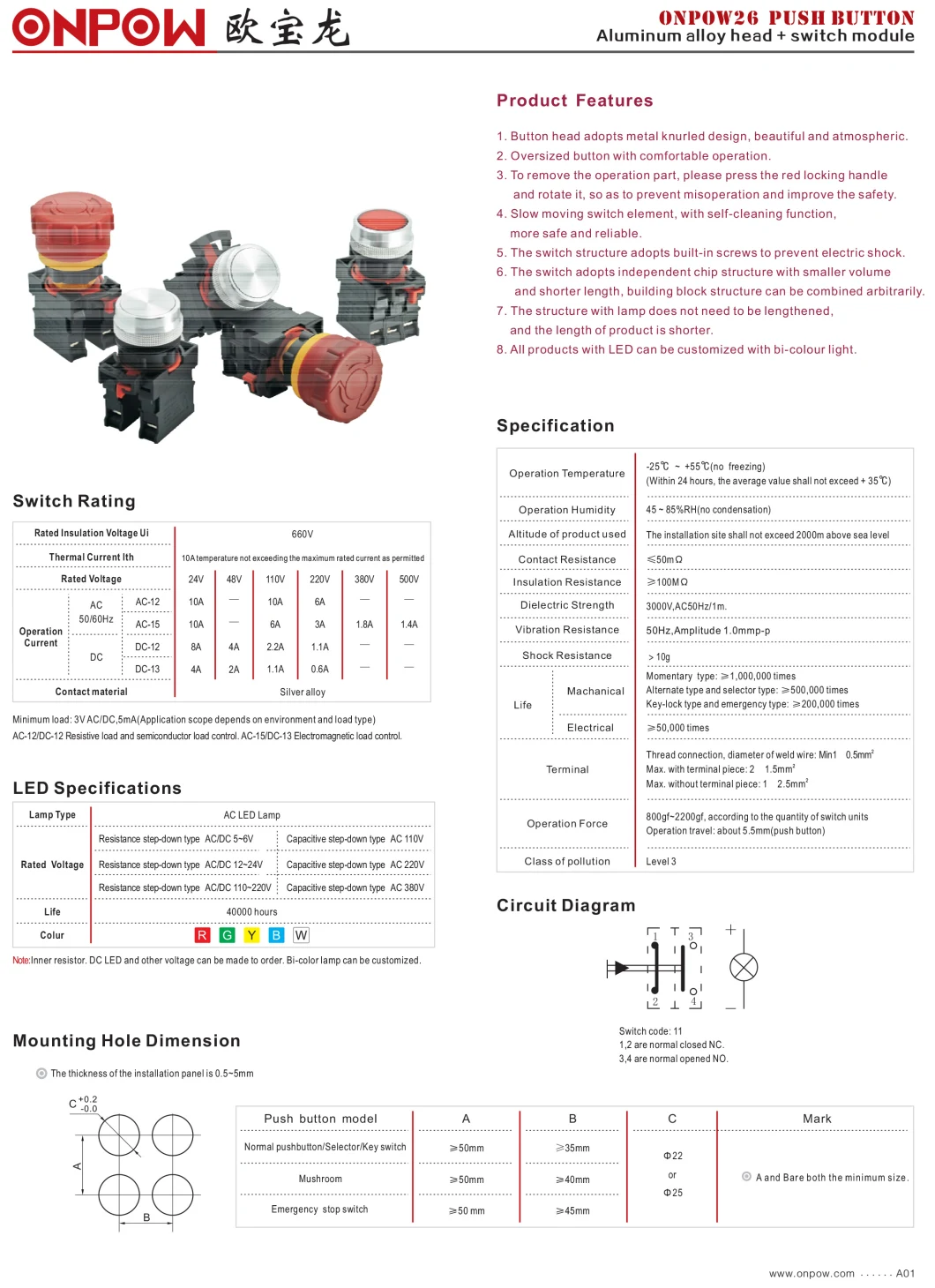 Onpow Push Button 10A with Multiple Combinations (ONPOW26 Series)